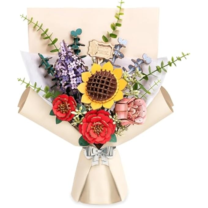 3D PUZZLE FLOWERS WOODEN MODEL KITS FOR ADULTS TO BUILD, ARTIFICIAL FLOWERS FOR DECORATION, HOME DECOR ACCESSORIES LIVING ROOM, GIFTS FOR WOMEN ON VALENTINE'S DAY, FLOWER BOUQUET TW01H - Image 1